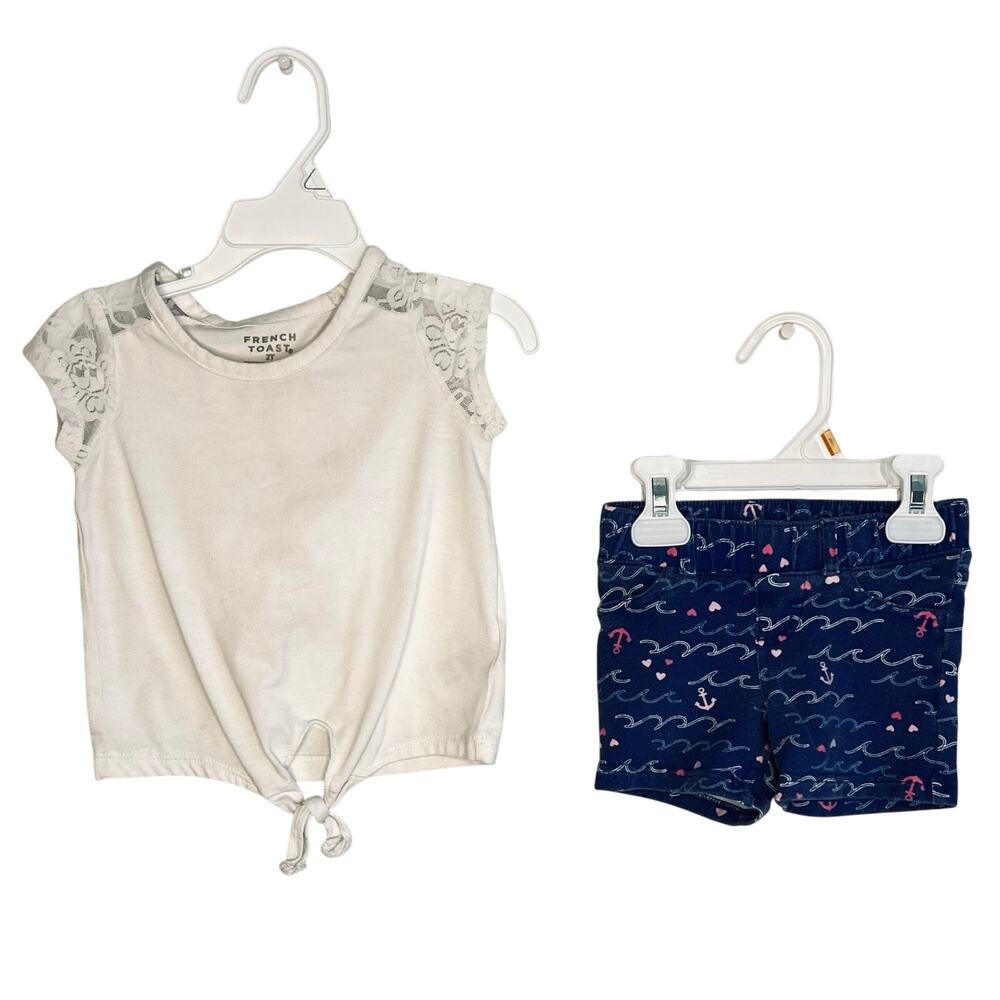 Girls’ French Toast white shirt/Jumping Beans blue beach shorts Size 2T